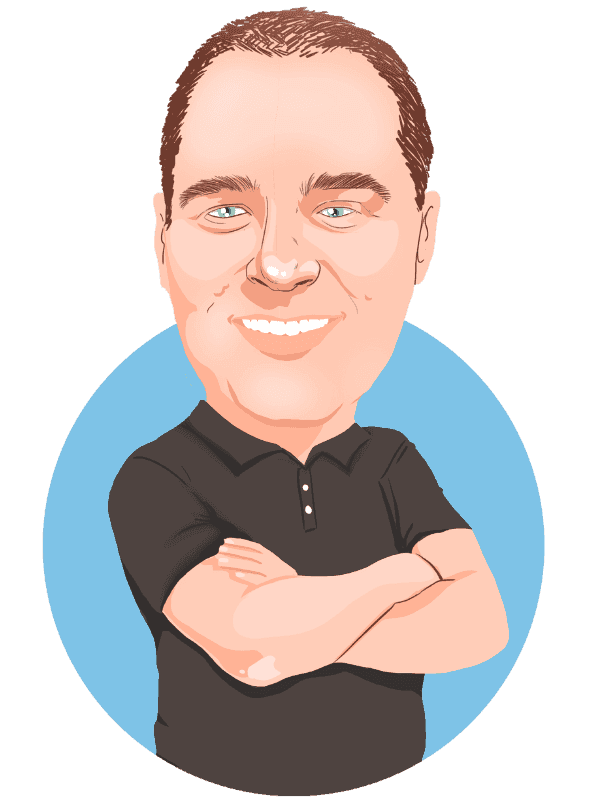 Caricature in Thunderbolt's signature style of Craig smiling with his arms crossed