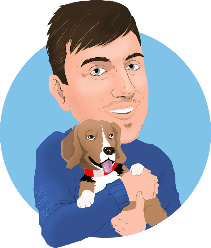 Caricature in Thunderbolt's signature style of Dan smiling and holding up his Beagle Woko