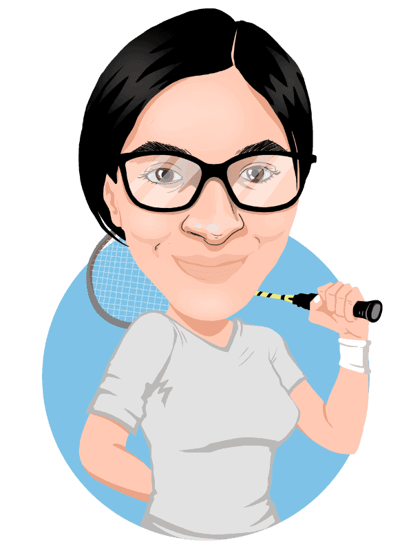 Caricature in Thunderbolt's signature style of Irin smiling and holding a badminton racquet behind her head