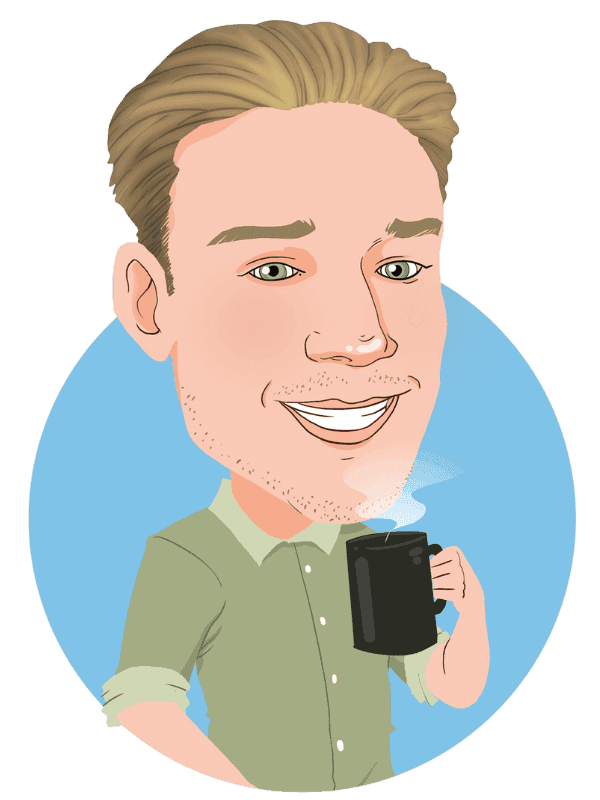 Caricature in Thunderbolt's signature style of Shaun holding a mug of hot tea