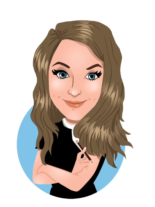 Caricature in Thunderbolt's signature style of Dotty smiling, with crossed arms, holding a pencil in her visible hand