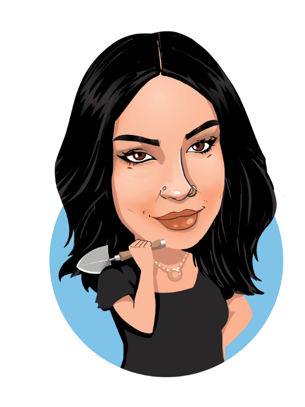 Caricature in Thunderbolt's signature style of Ellie holding a gardening trowel