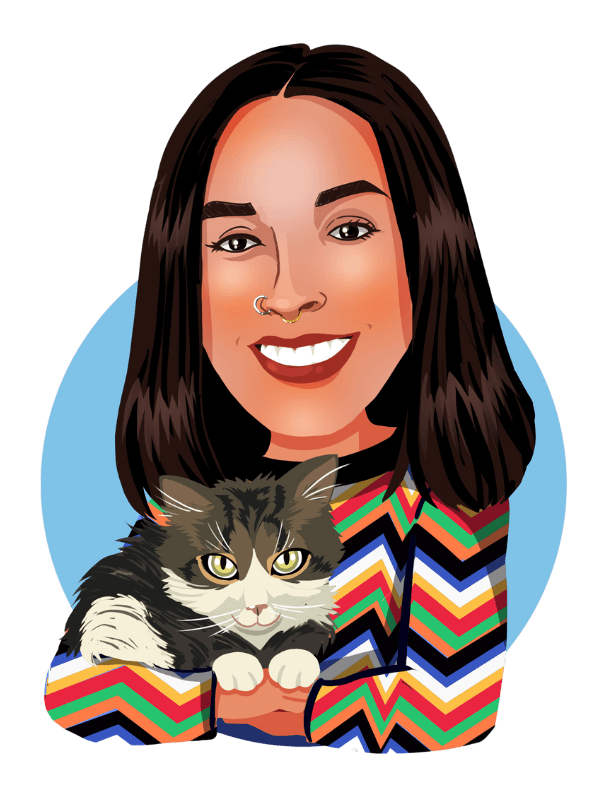 Caricature in Thunderbolt's signature style of Louise smiling and holding her cat in her arms