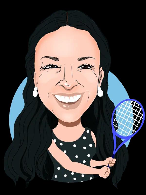 Caricature in Thunderbolt's signature style of Brook grinning and holding a blue tennis racquet in both hands, as if ready to hit a ball